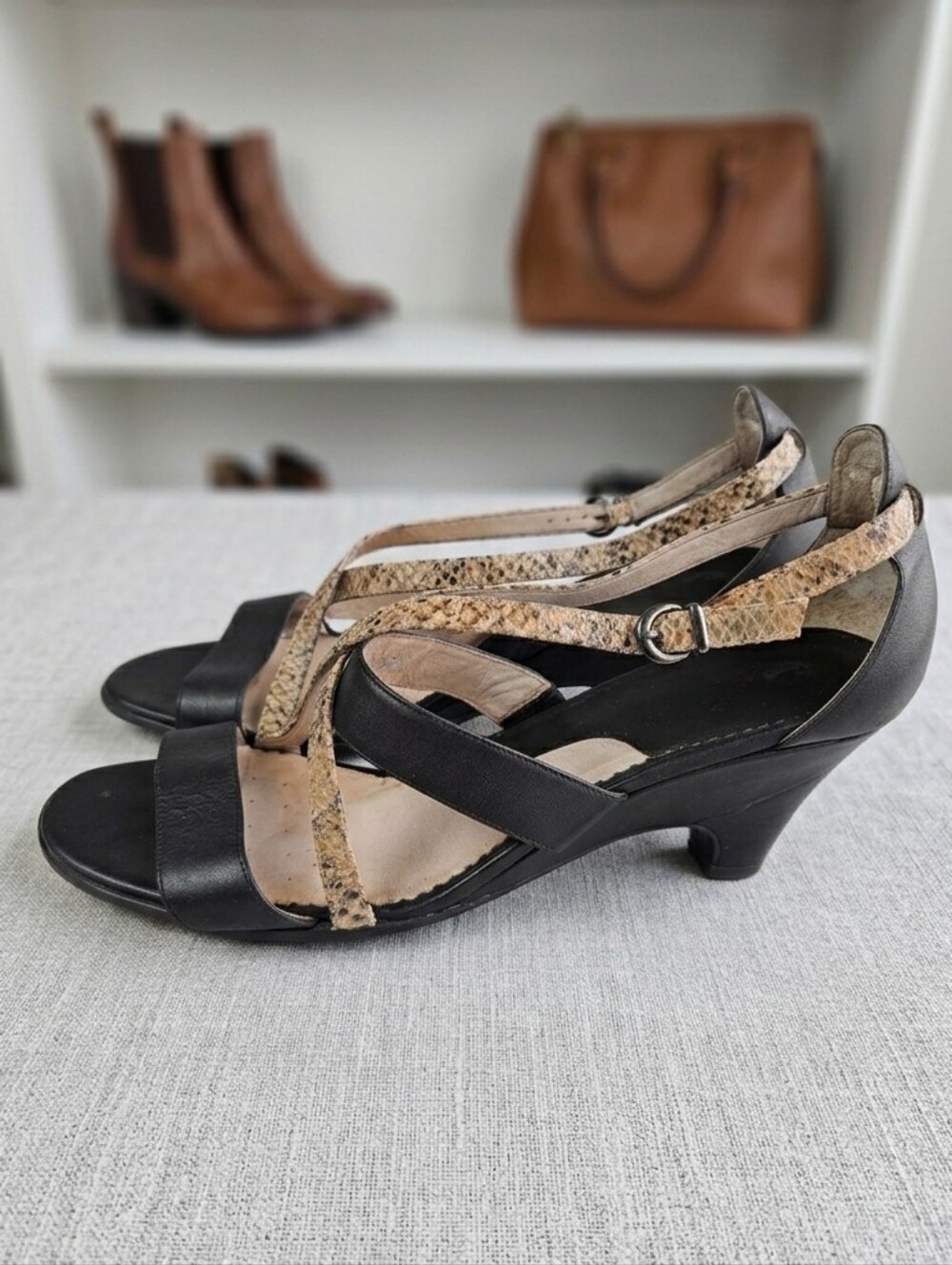 Blondo Vintage Leather Faux Snakeskin Strappy 3" Mid Heel Sandals Sz 11 Y2K 90s